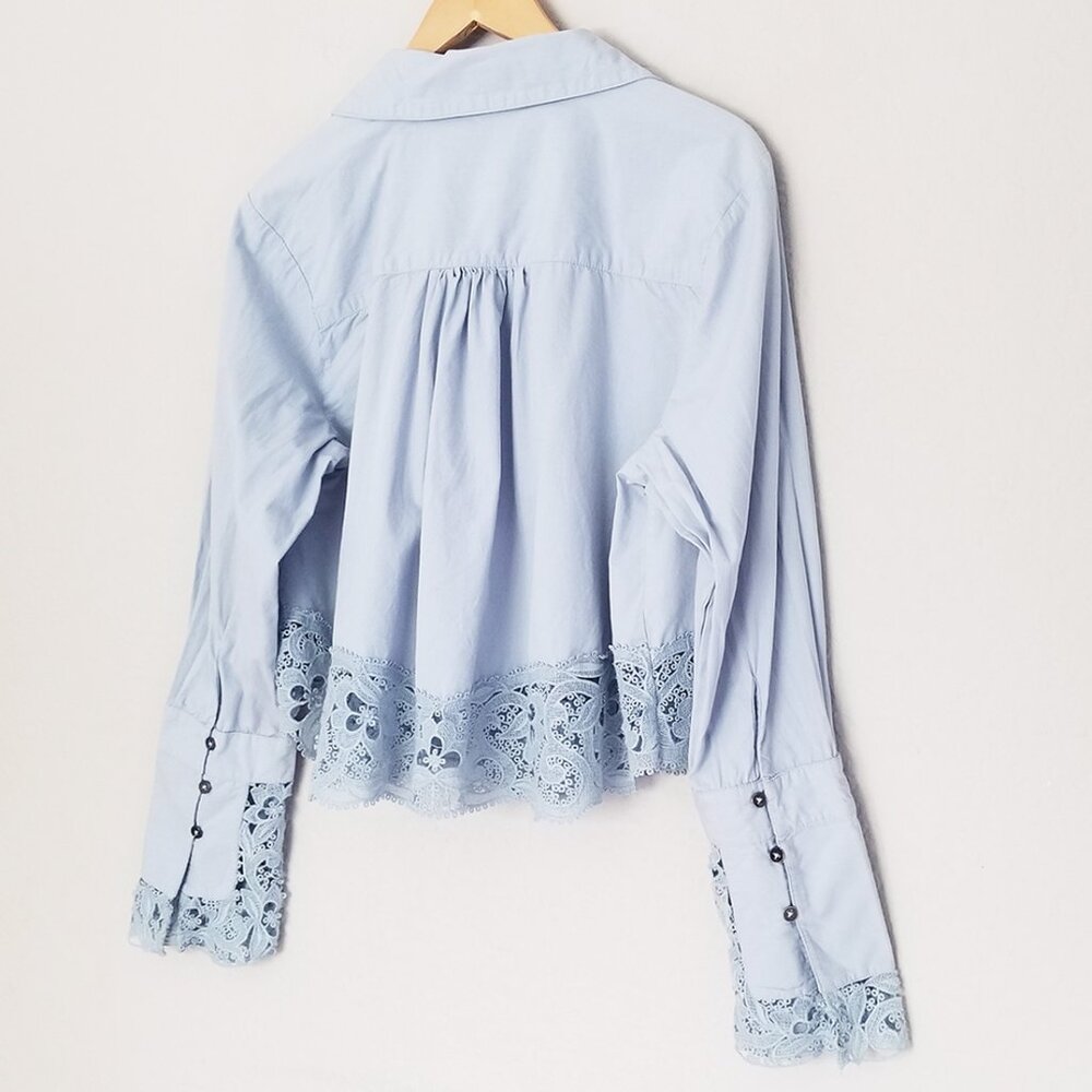 Free People Crochet Lace Trim Hooked On You Top Button Front Shirt Blue M $128 - Picture 5 of 16
